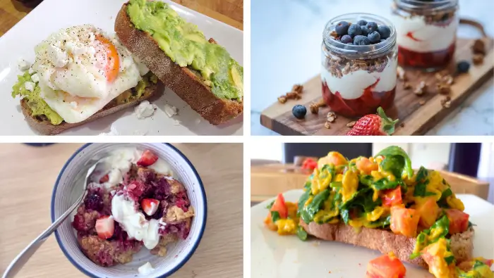 Some of the breakfasts featured in this post: poached eggs, strawberry parfait, berry baked oats and turmeric scrambled eggs