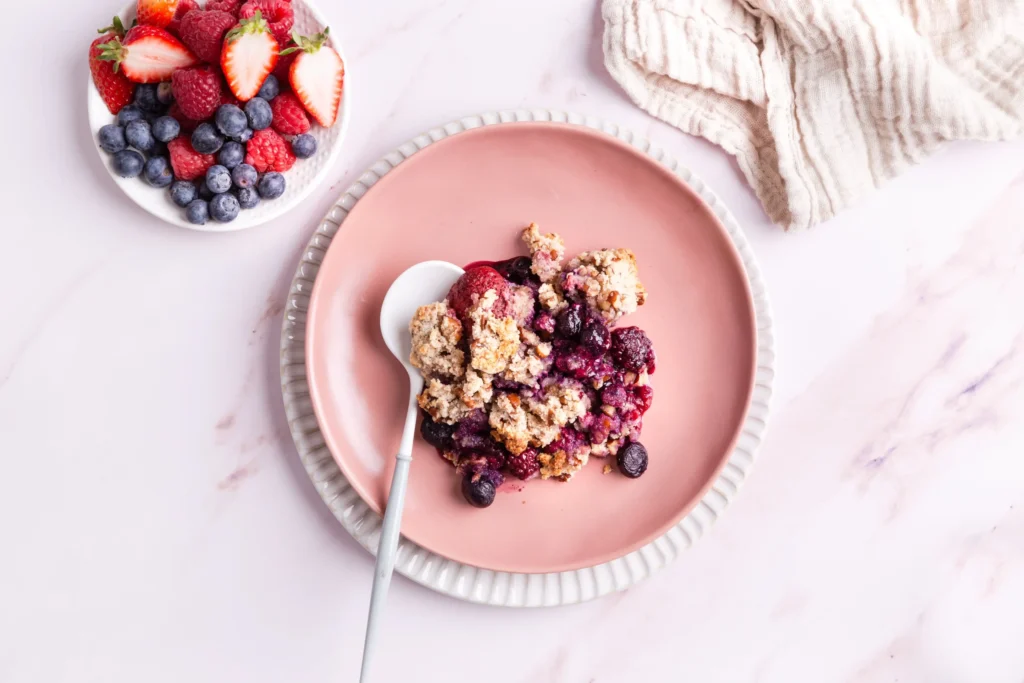 Single serving of fruit crumble on a plate