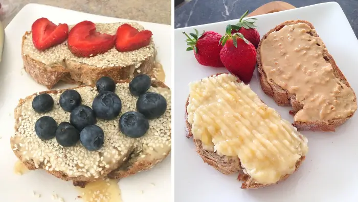 Two examples of easy toast toppers: mashed banana, peanut butter, tahini with berries