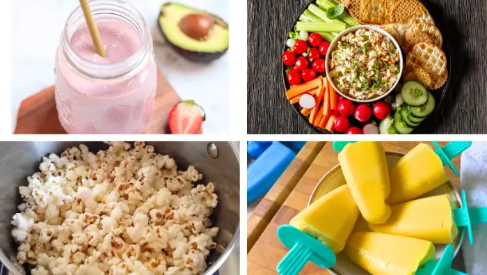 Smoothie in a jar, plate of veggies with canned salmon, fresh popcorn and mango popsicles.