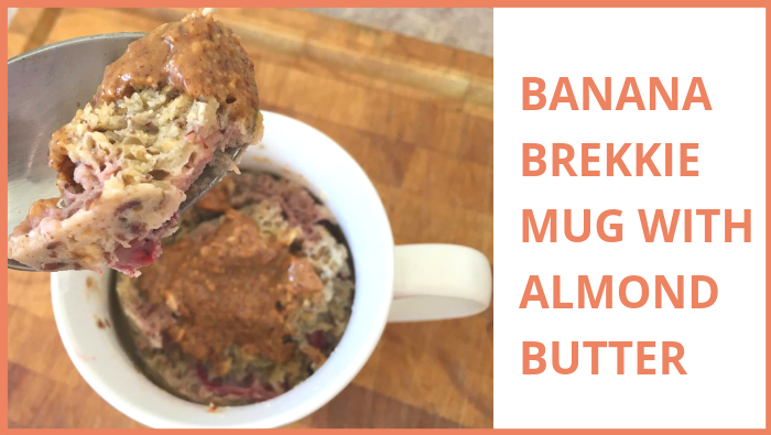Banana strawberry brekkie mug, topped wth almond butter