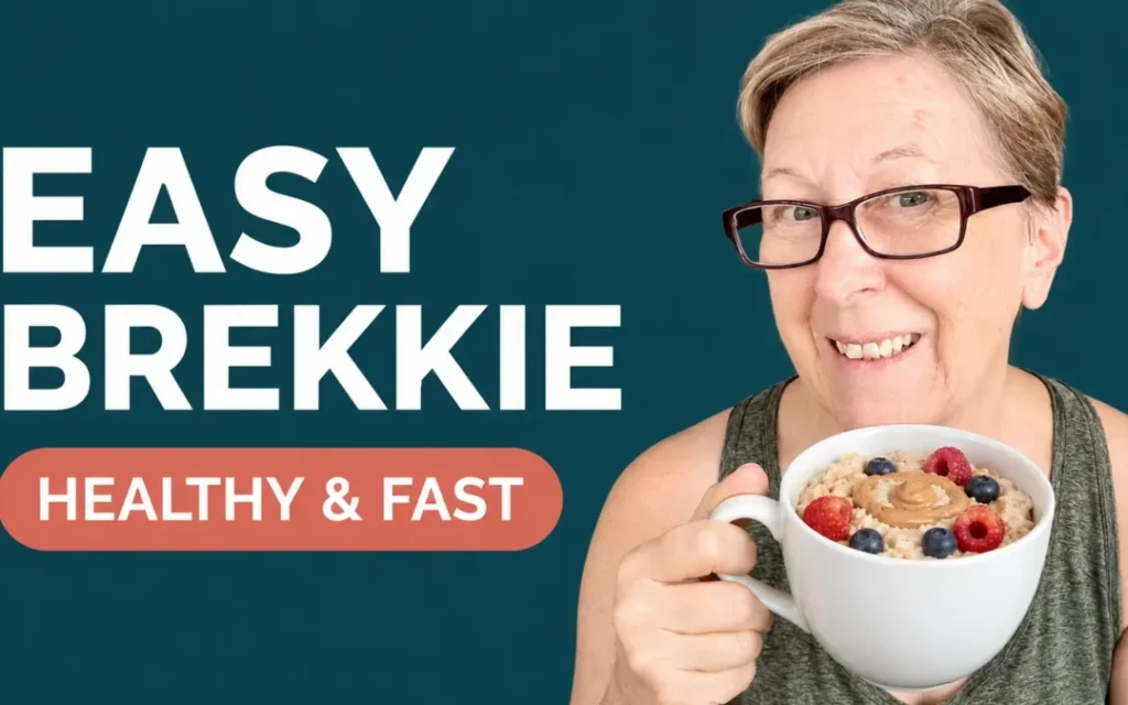 Wendy holding a brekkie mug with text "Easy Brekkie Mug"