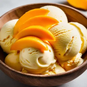 A bowl of mango nice cream, decorated with fresh mango slices