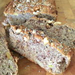 Close up of a sliced banana bread loaf
