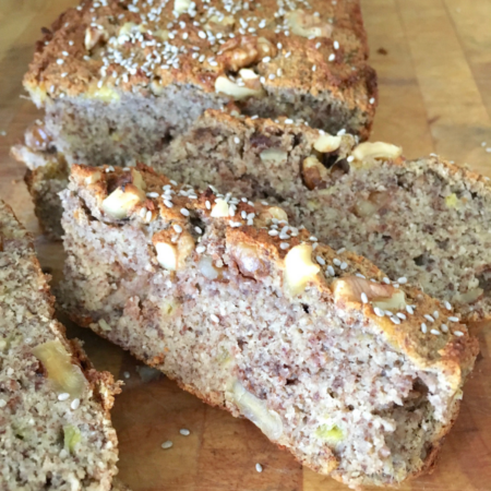 Close up of a sliced banana bread loaf