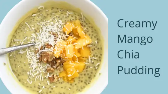 Mango chia pudding bowl with recipe title text