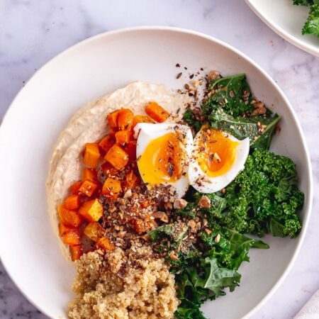 Vegetarian breakfast bowl with hummus