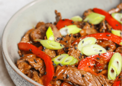 Stir fry pepper steak in a large bowl