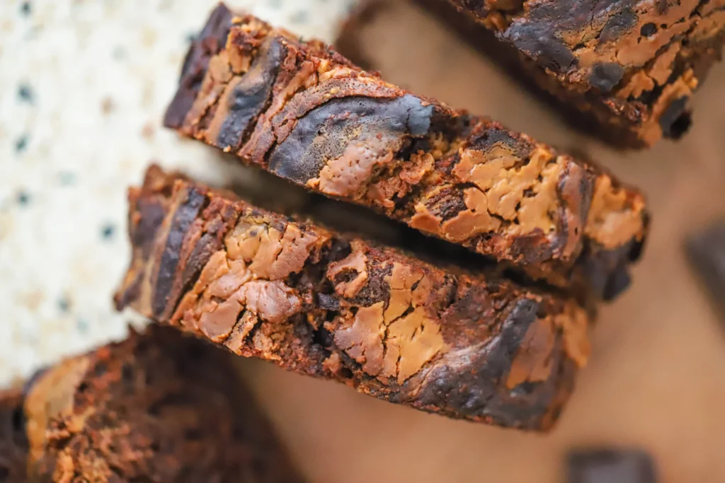 Close up of chocolate peanut butter zucchini bread slices