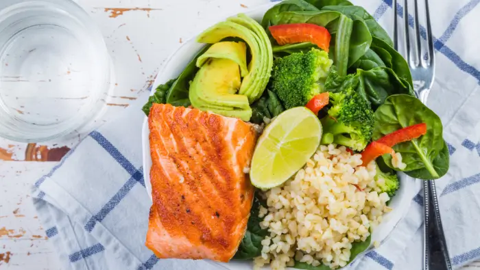 Plate with salmon and veggies