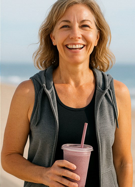 Happy, smiling woman at the beach, holding a smoothie