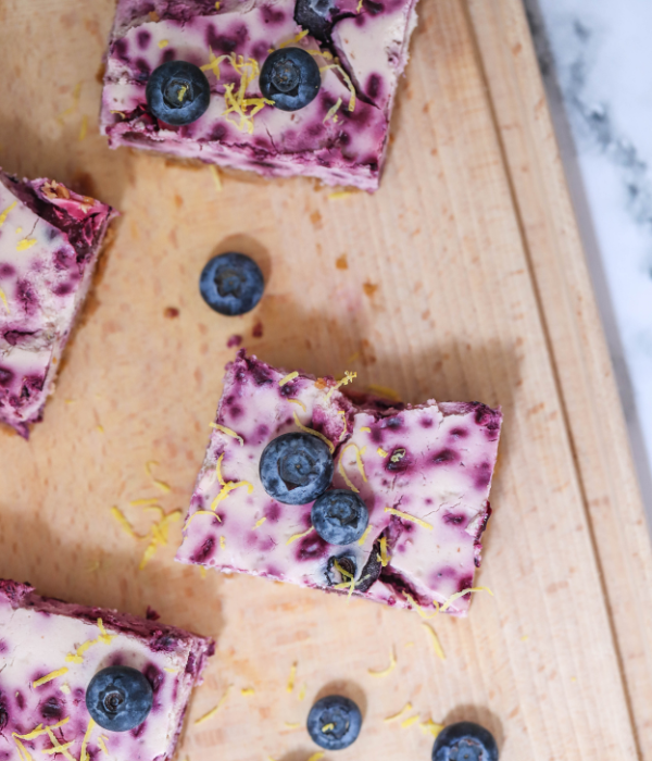Overhead shot of blueberry cheesecake bites
