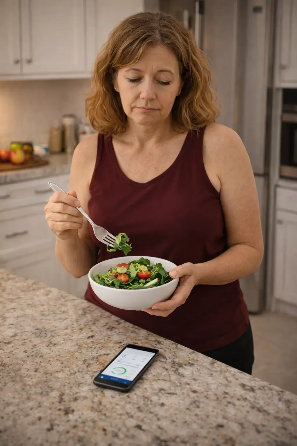 Woman standing at a kitchen bench eating a salad and looking at a calorie tracking app