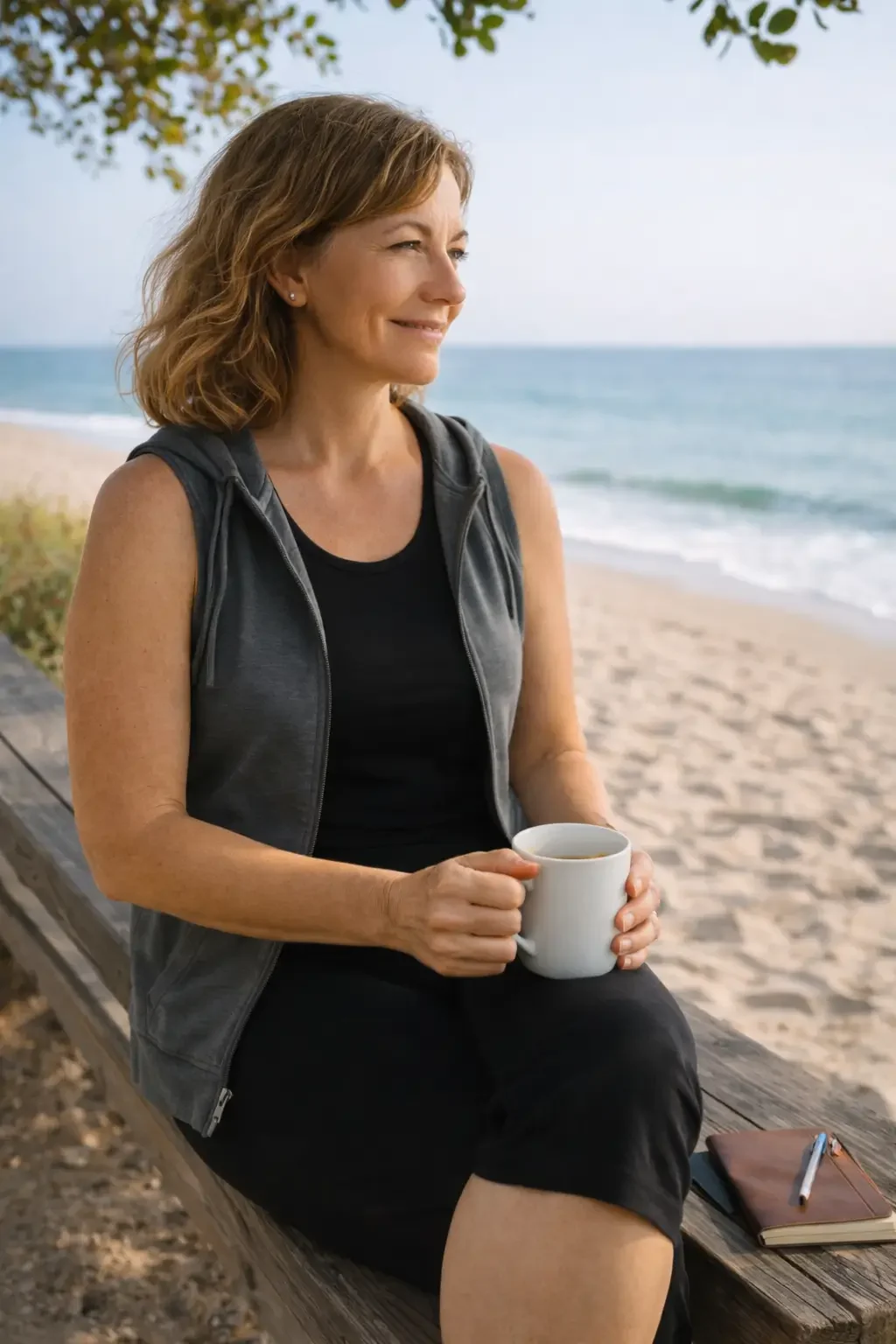 Woman sitting on a bench, holding a coffee cup, and reflecting as she looks contentedly at the ocean 