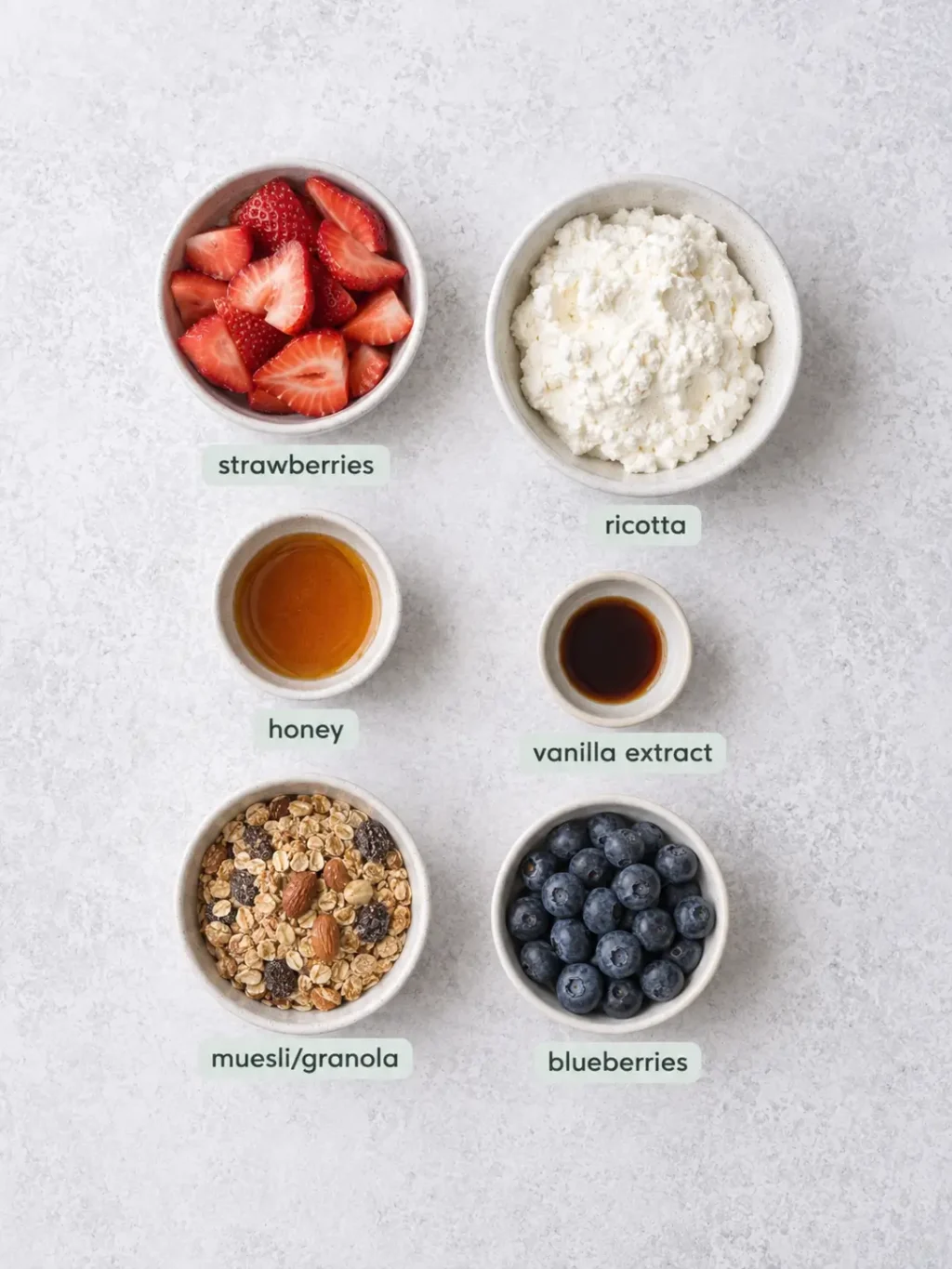 strawberry parfait ingredients in dishes