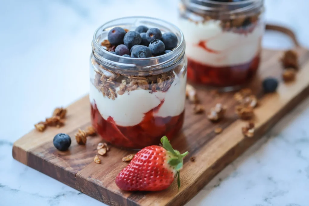 2 jars of strawberry parfait on a board