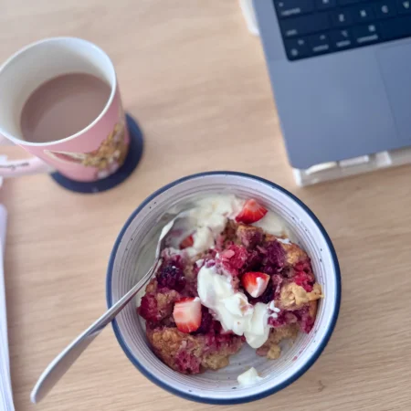 Baked oats in a bowl with Greek yoghurt
