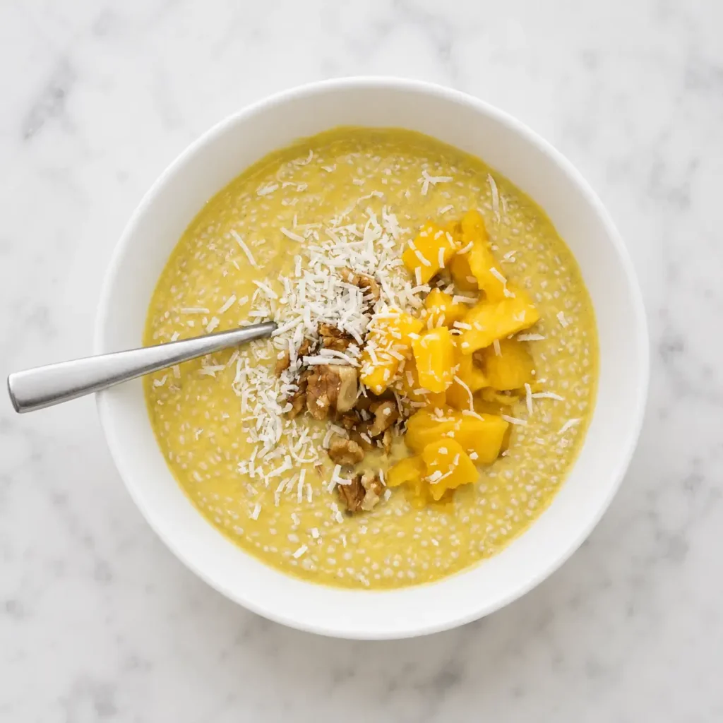 Mango chia smoothie bowl with white chia seeds