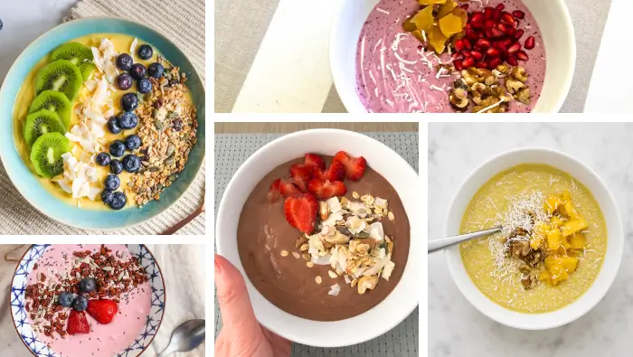 5 smoothie bowls: tropical sunshine, açai berry, strawberry mango, mango chia and creamy chocolate