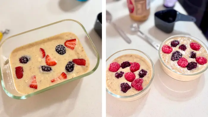 Berry baked oats in ovenproof dishes before cooking